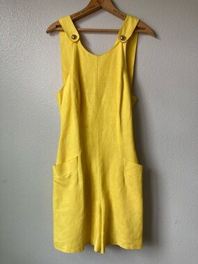 Vintage 80s 90s Cache Linen Blend Romper Shorts Low back Sleeveless Pinafore 10
